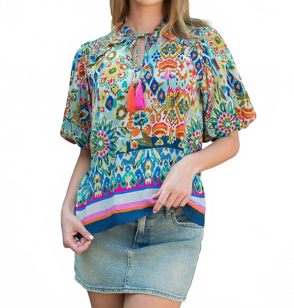 NEW THML floral puff sleeve print top in blue